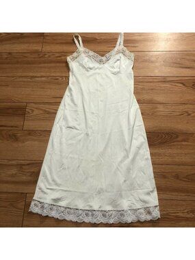 Vintage French Maid Nightgown Silky Nylon & Lace Lingerie Ivory White Sz 38 (M)